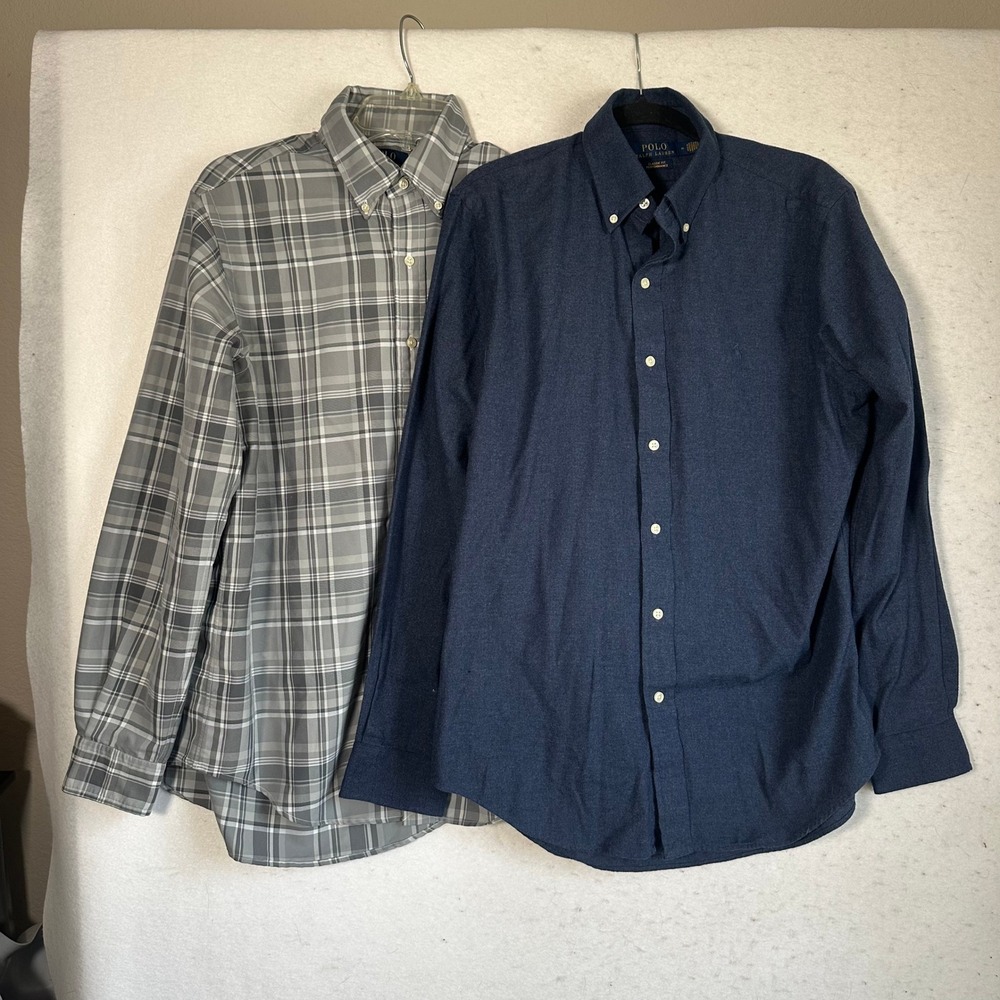 Lot of 2 Polo Ralph Lauren Mens Classic Fit Performance Shirts Blue Grey Plaid M